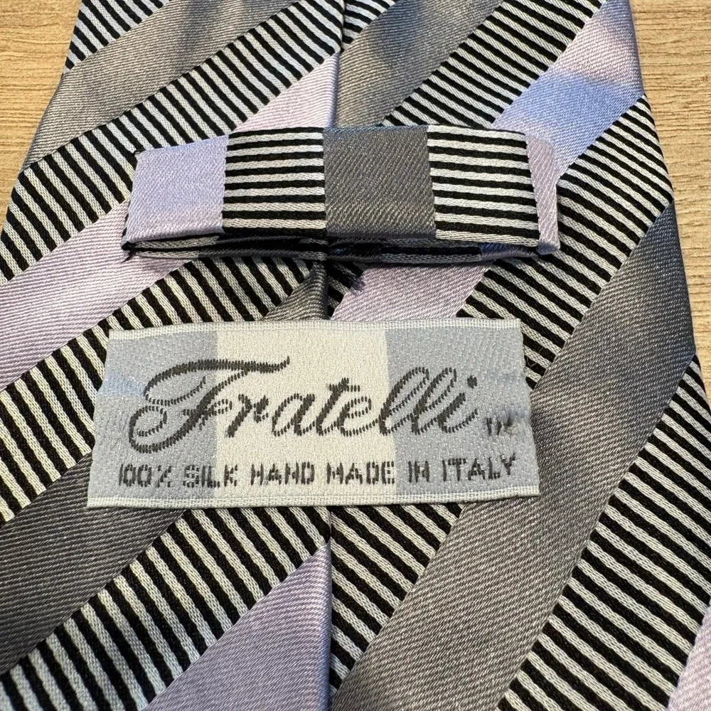 Fratelli Silk Tie Mens Lavender Grey Black Striped Hand Made in Italy Necktie
